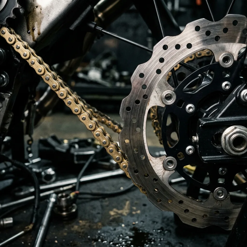 Motorcycle chains, sprockets, and brake discs