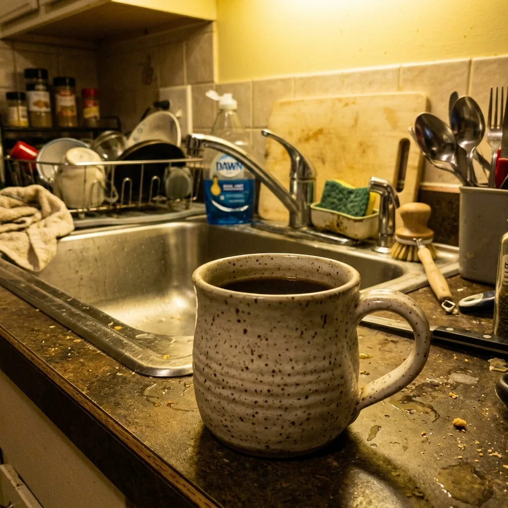 Handmade ceramic mug, smartphone photo on a kitchen counter