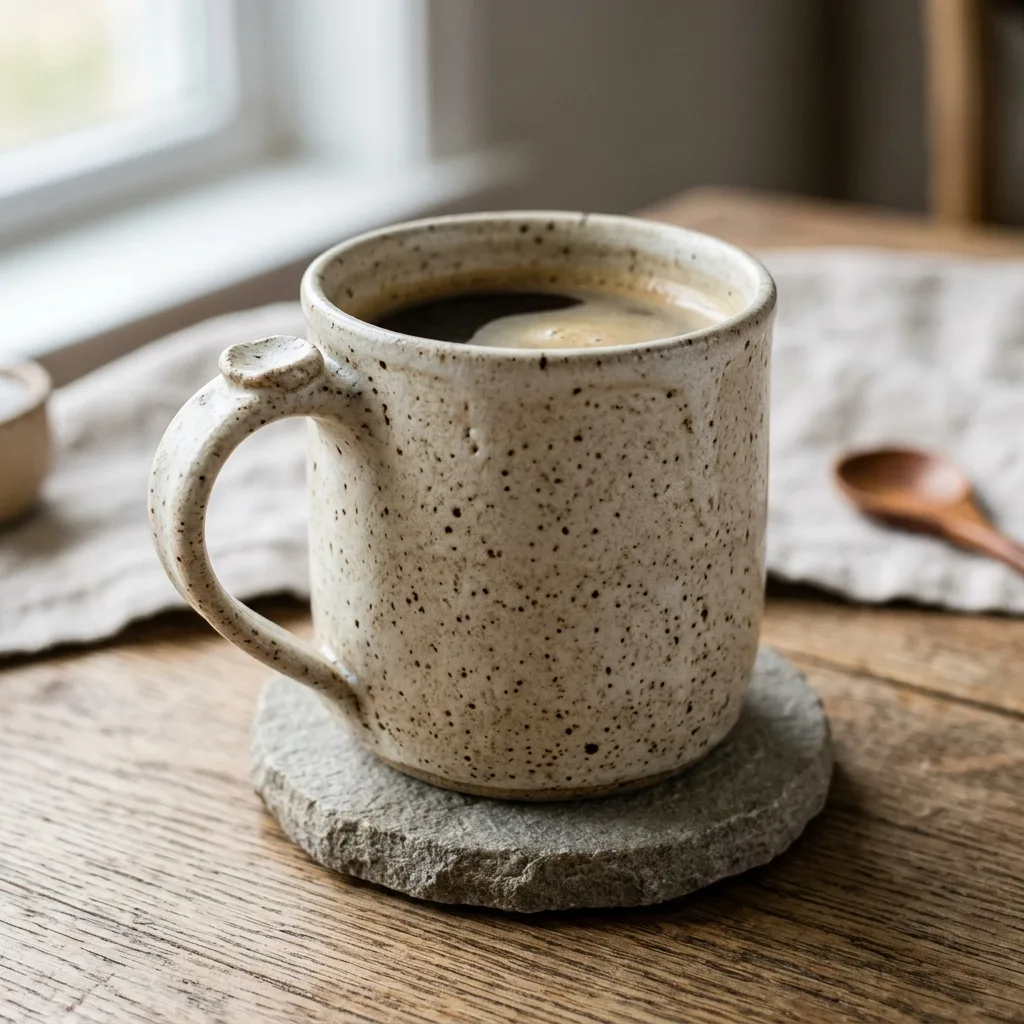 Etsy listing mockup for a hand-thrown stoneware mug with title, price, tags, and opening description