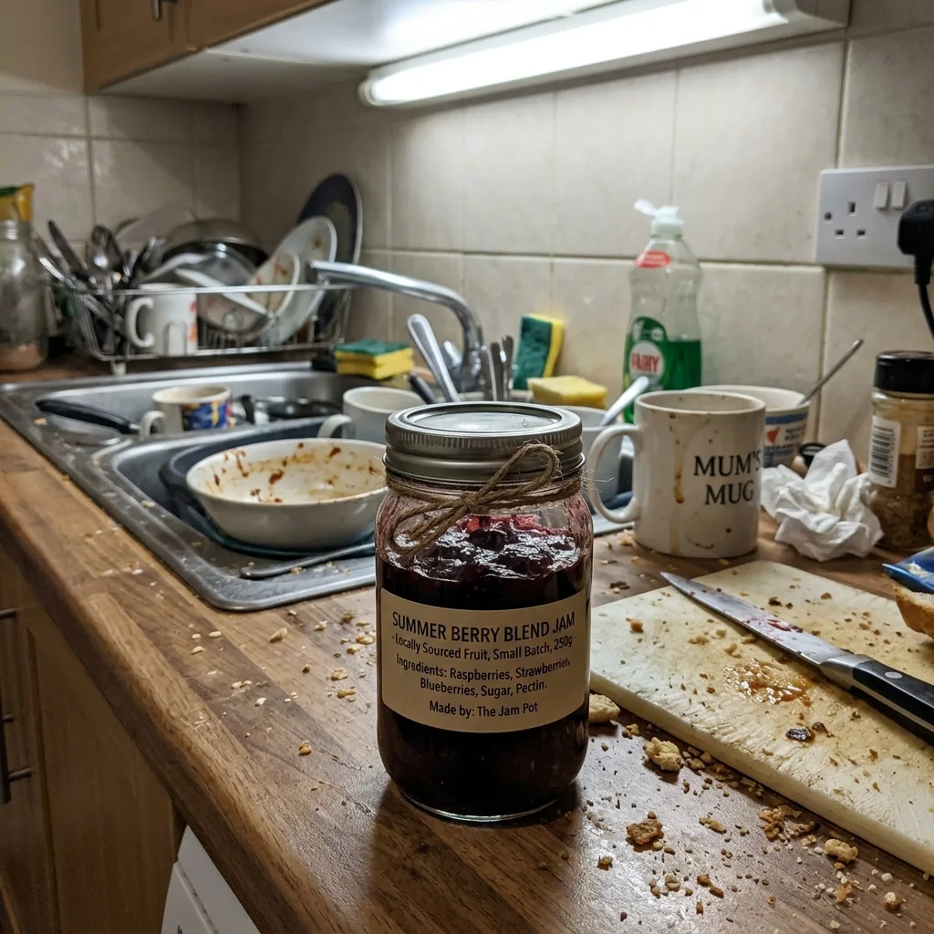 Raw phone photo of artisan jam jar on kitchen counter with cluttered background