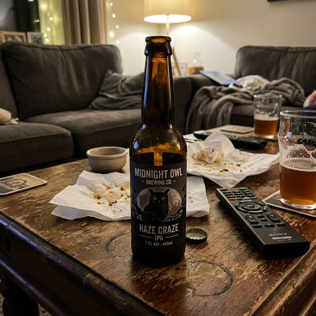 Unedited smartphone photo of craft beer bottle on messy table