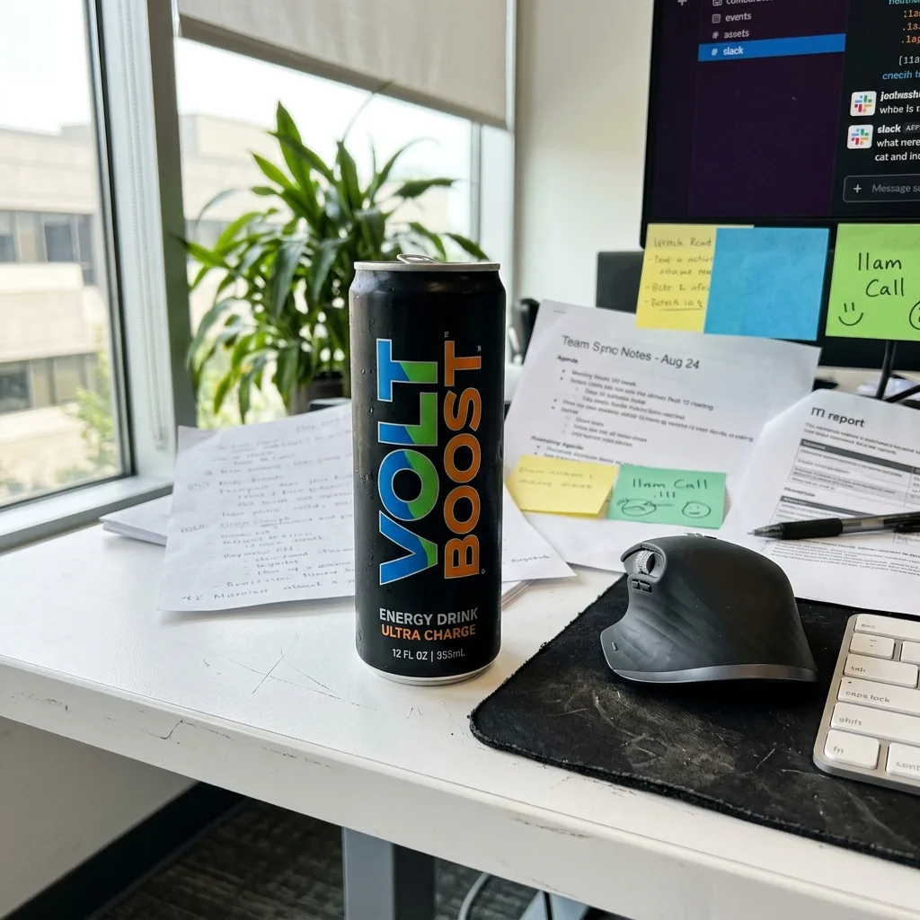 Quick phone snapshot of energy drink can on office desk