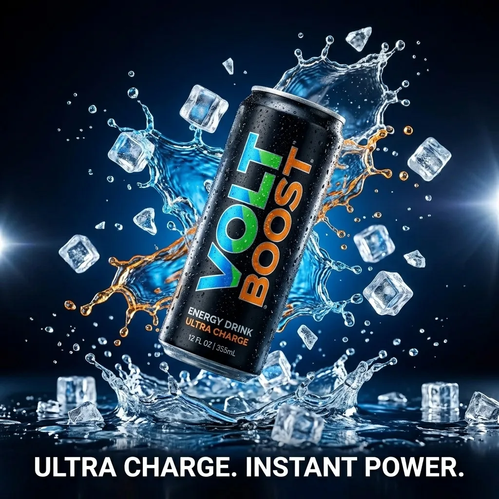 Energy drink can with dynamic water splash effect on dark gradient background