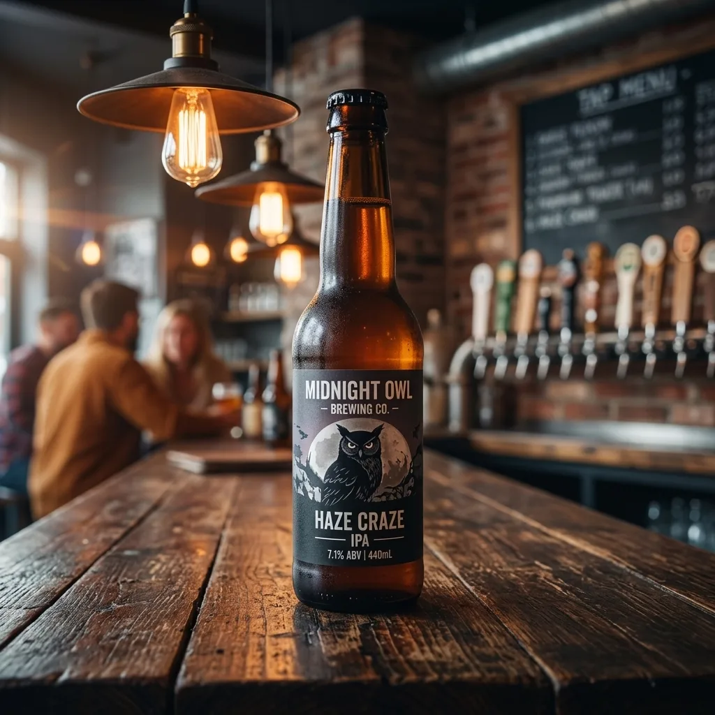Craft beer bottle in lifestyle scene on rustic wooden bar with warm ambient lighting
