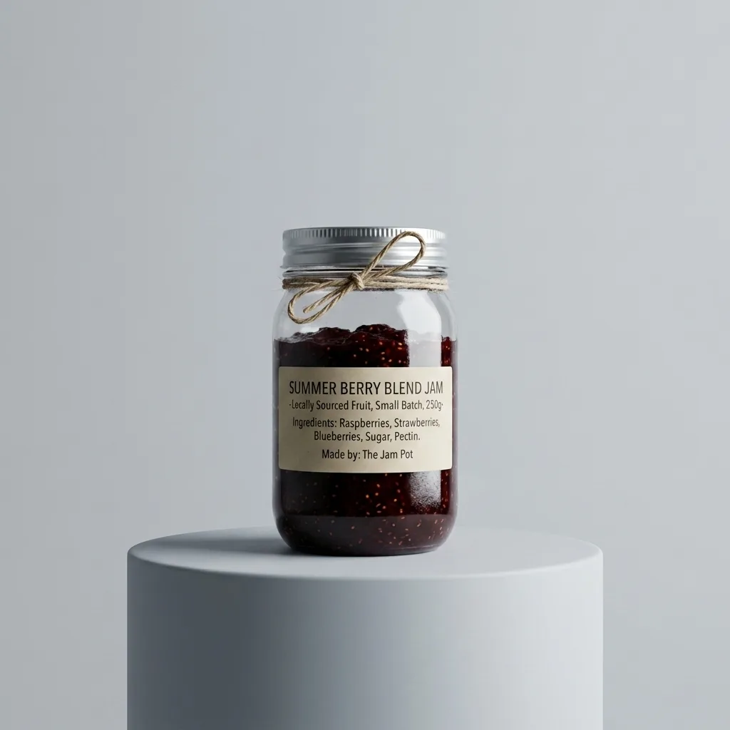 Artisan jam jar professionally lit in clean studio setting with soft shadows