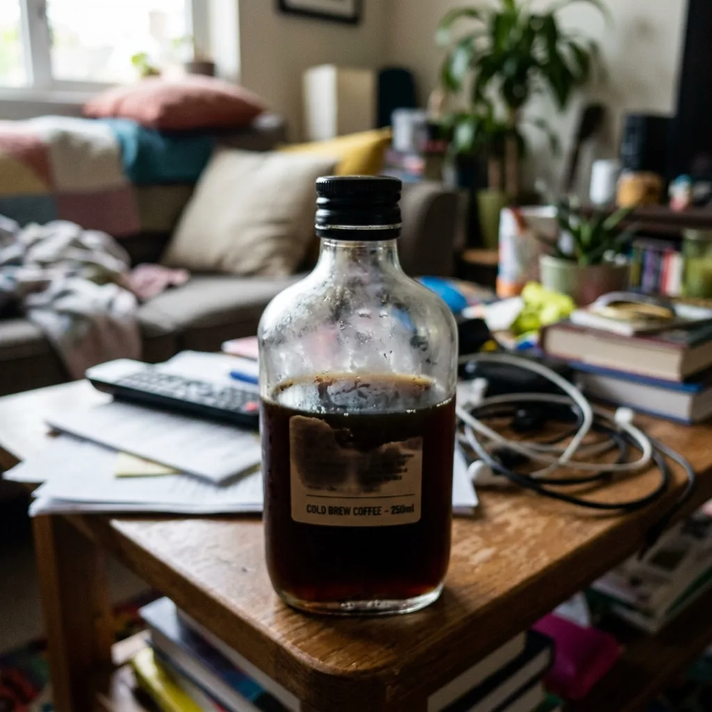 Blurry phone macro of cold brew bottle with fingerprints visible