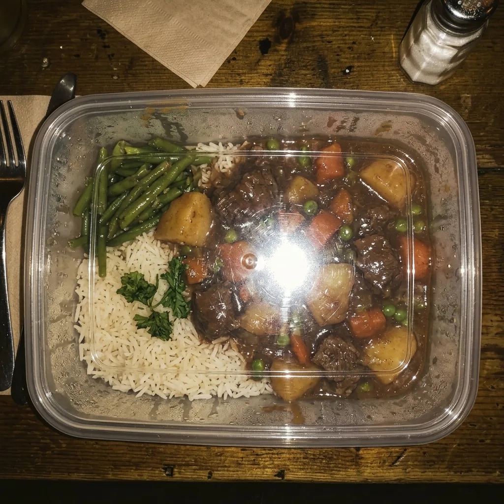 Overhead phone photo of prepared meal in container with uneven lighting