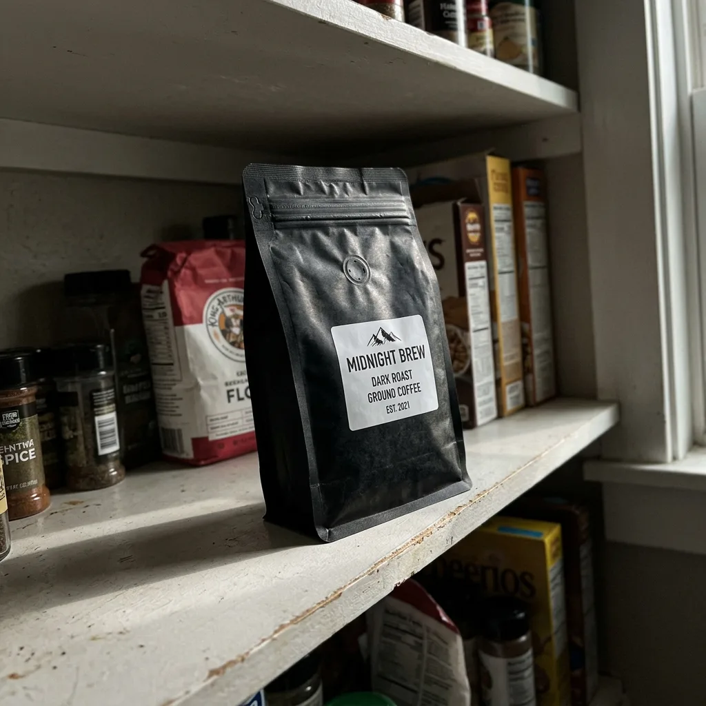 Casual phone photo of coffee pouch on kitchen shelf