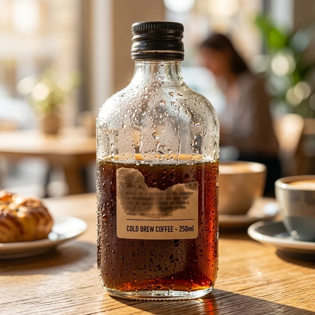 Cold brew bottle in crisp macro close-up with condensation droplets and bokeh background