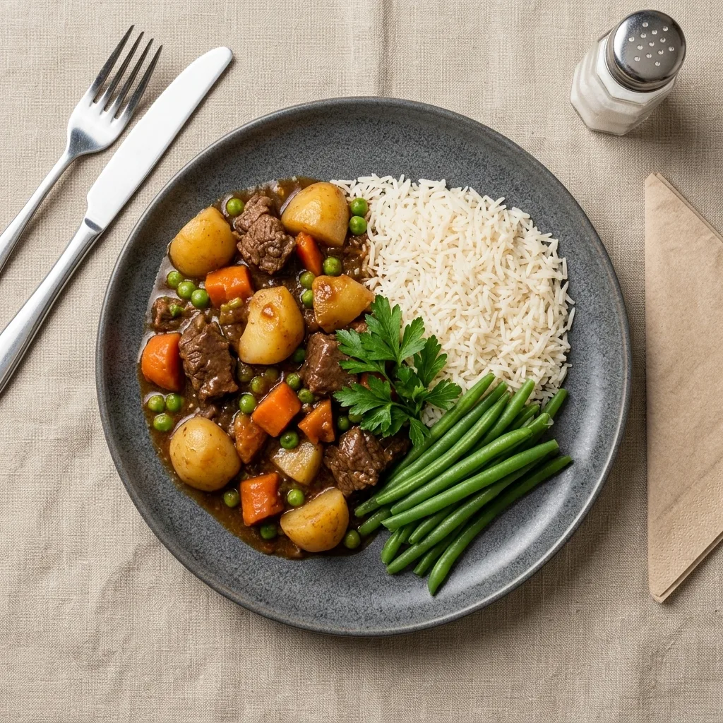 Gourmet prepared meal photographed top-down on styled table with garnish and utensils