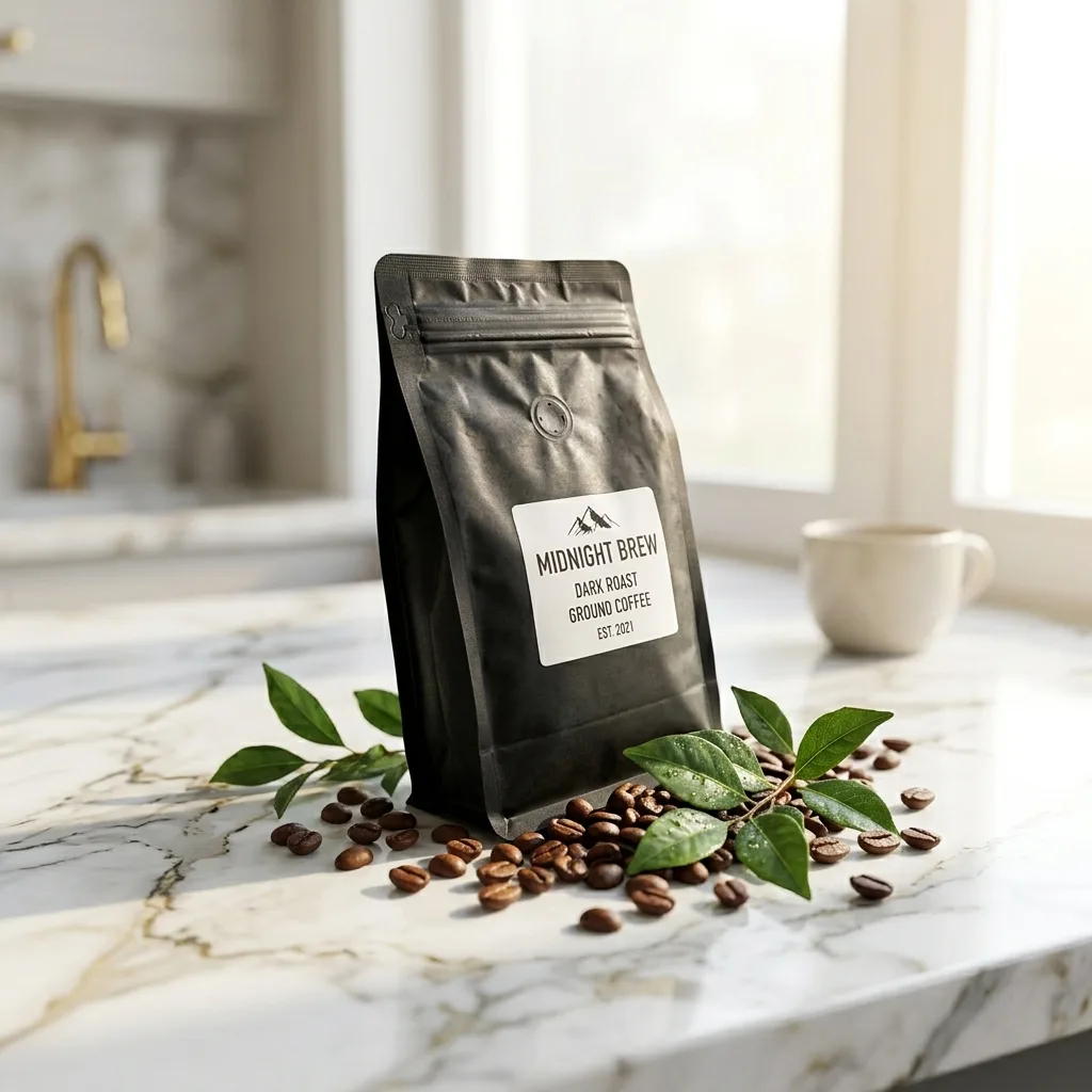 Premium coffee pouch styled on marble kitchen countertop with scattered beans