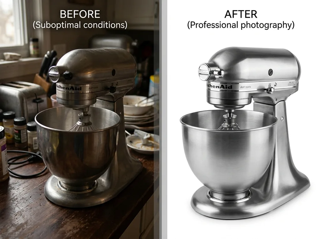 Before and after side-by-side preview of a product image with an approval button
