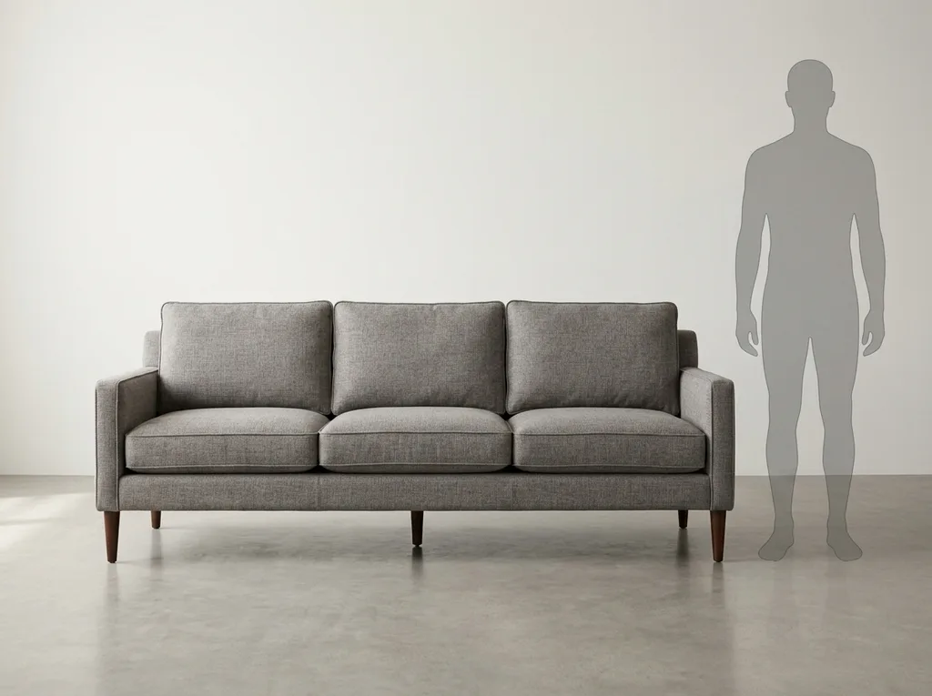 Sofa dimensions infographic with human silhouette for scale