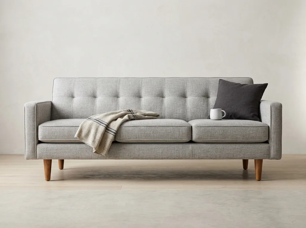Sofa hero shot with neutral staging and visible fabric texture