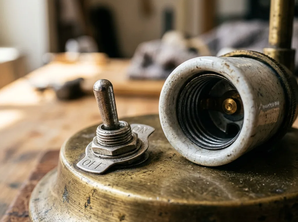 Close-up of lamp switch mechanism and E26 bulb socket