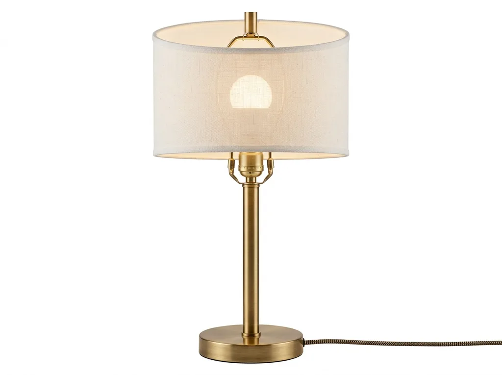 Brushed brass table lamp on white background showing linen shade texture