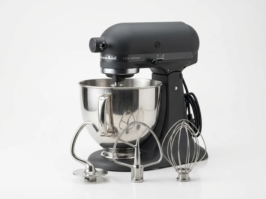 Stand mixer at three-quarter angle with bowl and attachments