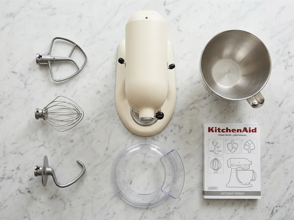 Flat-lay of all items included in the stand mixer box