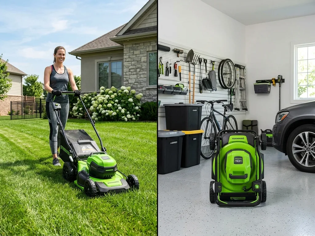 Lawn mower in use versus folded for storage with measurements