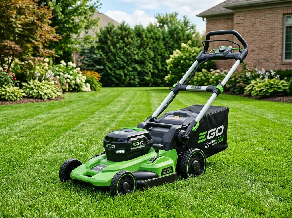 Cordless lawn mower on green grass in bright daylight