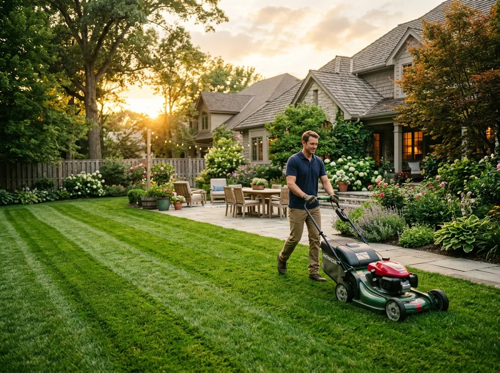 Mower cutting grass in a suburban backyard near a patio