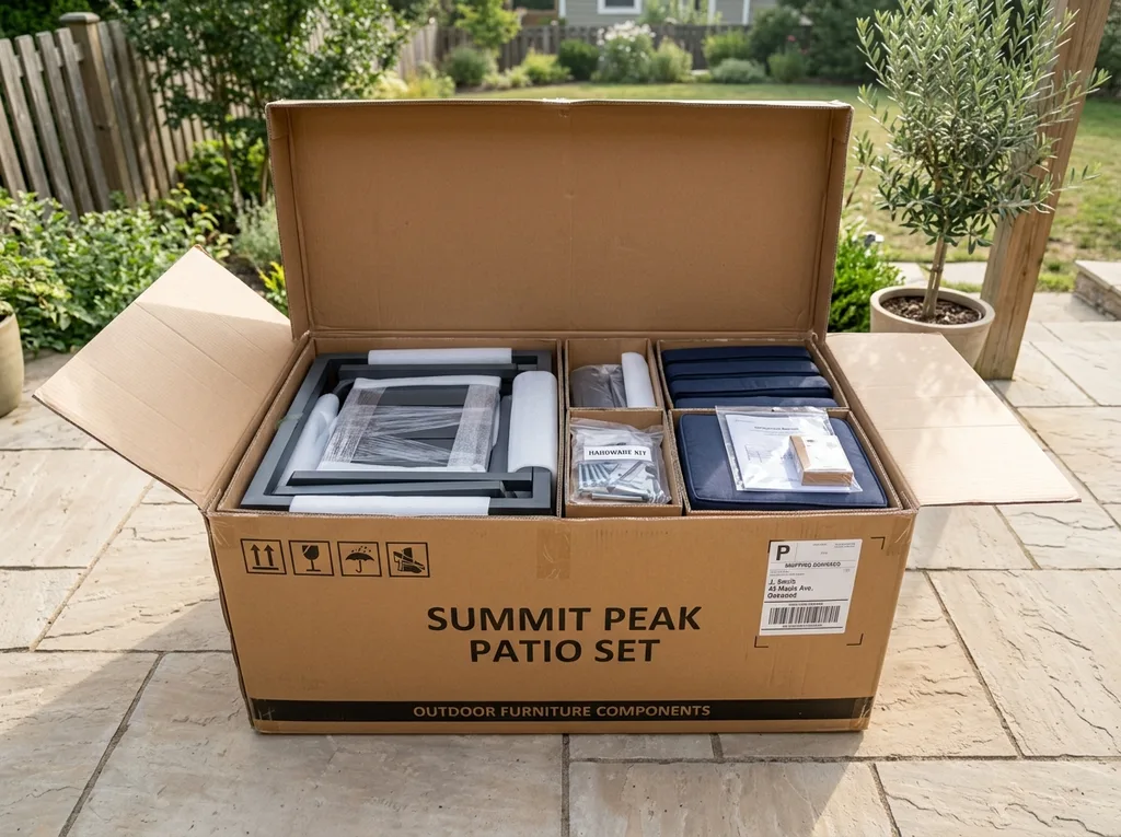 Outdoor furniture package being unboxed showing contents and hardware