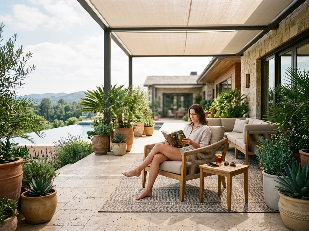 Outdoor furniture placed on a patio with a person for scale reference