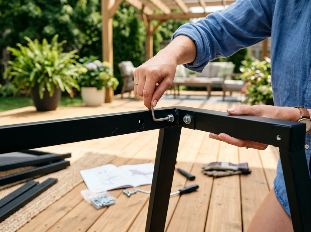 Assembly process of outdoor lounge chair with tools highlighted