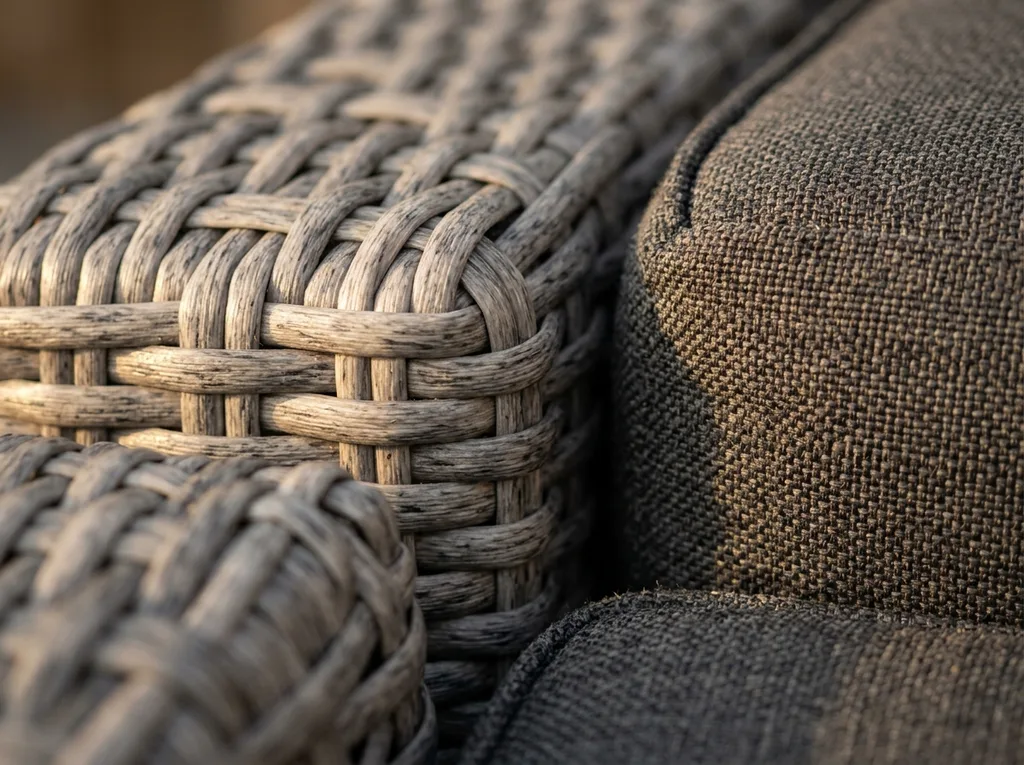 Close-up shots of wicker weave texture and aluminum frame details
